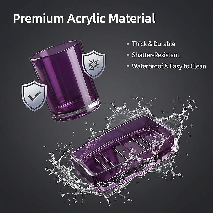 Bathroom Accessories Set, Acrylic Bathroom Accessory Set with Soap Dispenser,Soap Dish, Toothbrush Holder, Tumbler, Modern Bathroom Accessories Decor,Gift for Home (Purple-4)
