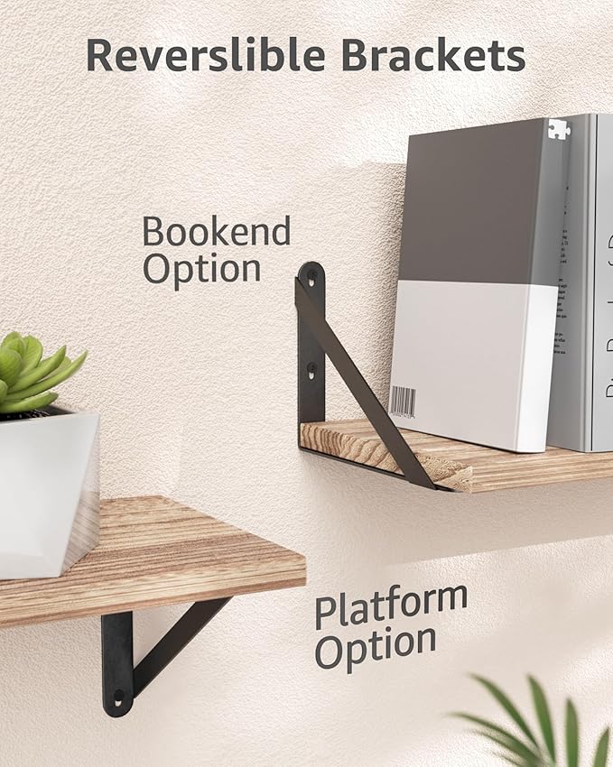 Wall Shelves 7.3" Deep Set of 5, Solid Paulownia Wood Wider Longer Sturdy Easy to Install Wall Mounted Bookshelves Storage Shelves Bathroom Home Office Laundry Room Bedroom Organizer
