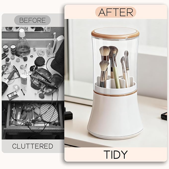 Makeup Brush Holder with Lid Cosmetic Tools Organizer 360 Rotating Waterproof Dustproof Make Up Brushes Storage for Vanity Bathroom Countertop