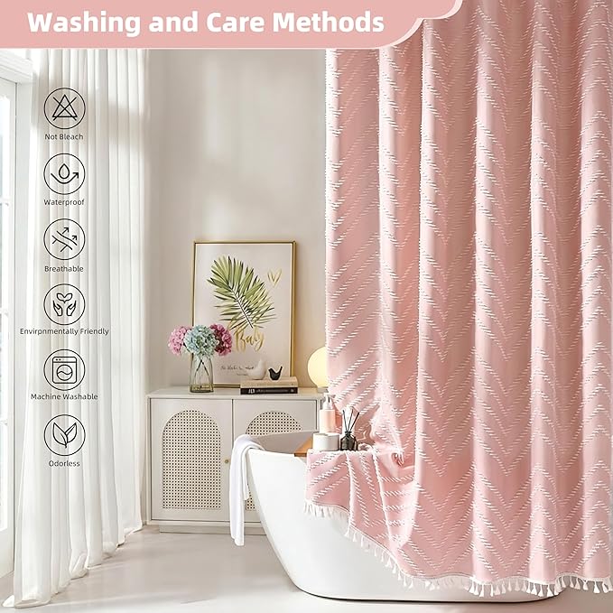 Extra Long Pink Shower Curtain with Tassel, Woven Fabric 90 in, Tufted Chevron Striped, 72 x 90, Modern Chic Textured Minimalist Bathroom