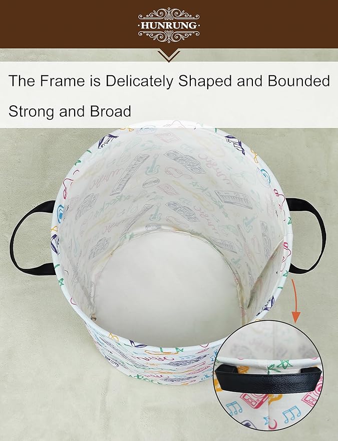 HUNRUNG Laundry Hamper,Large Canvas Fabric Lightweight Storage Basket Toy Organizer Dirty Clothes Collapsible Waterproof for College Dorms???Round-Musical instrument???