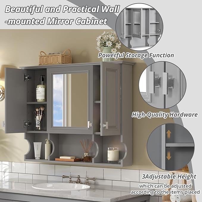 Merax Bathroom Wall Cabinet with Mirror, Wall Mounted Medicine Cabinet with Adjustable Shelves and Open Spaces, 35" x 28" Mirrored Door Over The Toilet Bathroom Storage Cabinet