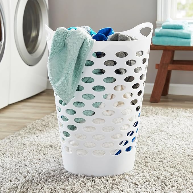Plastic Round Laundry Hamper, White, with Carrying Handles