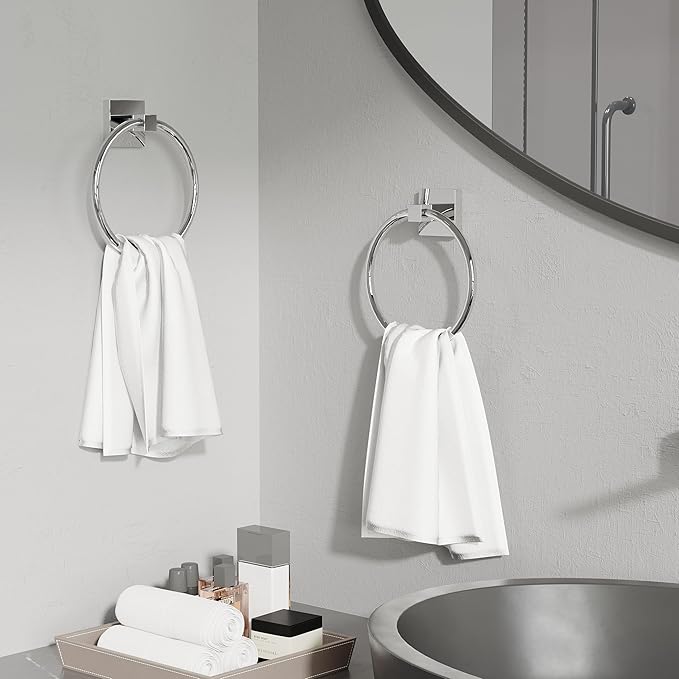 RUACQ Towel Ring for Bathroom 2pcs,Square Base Hand Towel Holder Hangers Wall Mount,Heavy Duty,Stainless Steel(Chrome)