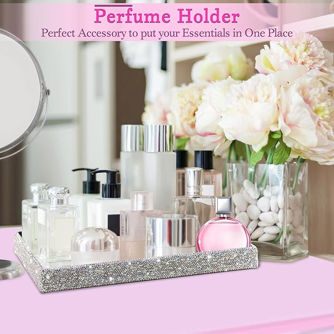 TISHAA Bling Decorative Tray Holder – Makeup Cosmetic Jewelry Ring Key Display Dish Plate Storage Organizer Crystal Rhinestone Glitter Vanity Bathroom Bedroom Home Decor (White)