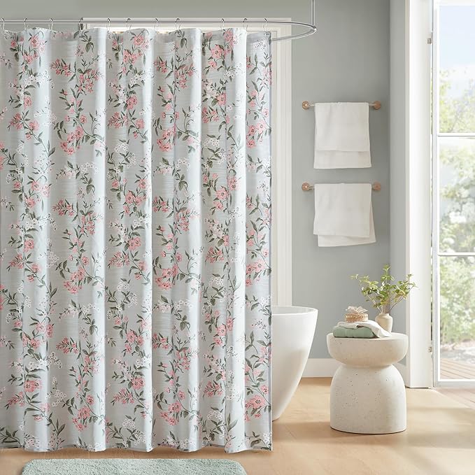 Martha Stewart Meadow Floral Shower Curtain, Cotton-Rich Slub Texture, Timeless Garden Design, Classic to Modern Farmhouse Bathroom Decor, Machine Washable 72"x72", Green