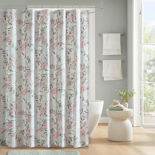 Martha Stewart Meadow Floral Shower Curtain, Cotton-Rich Slub Texture, Timeless Garden Design, Classic to Modern Farmhouse Bathroom Decor, Machine Washable 72"x84", Green