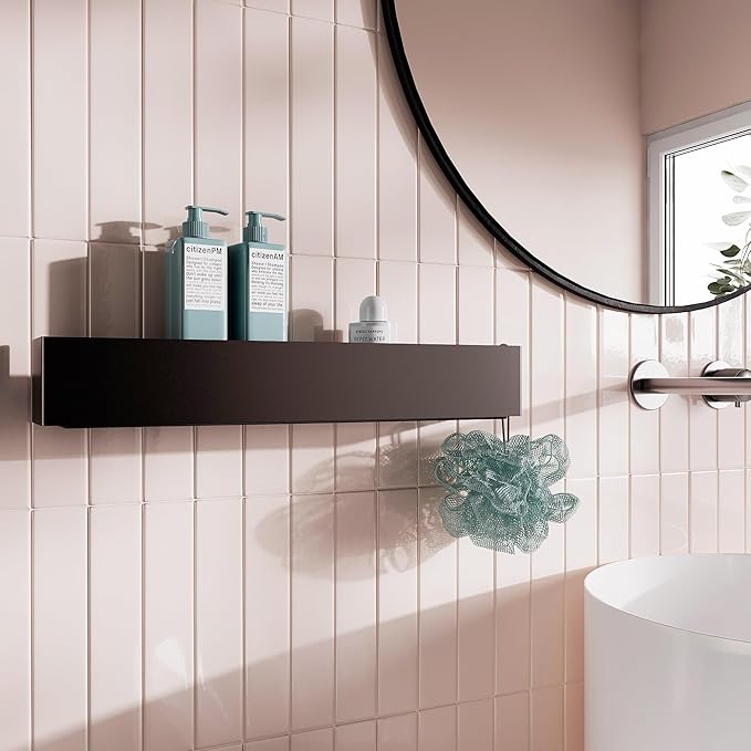 Modern Black Metal Floating Shelf for Bathroom & Kitchen – 20" Minimalist Wall Shelf with Powder-Coated Finish, No-Drill or Screw Mount, European-Made Stylish Organizer for Tiles & Walls