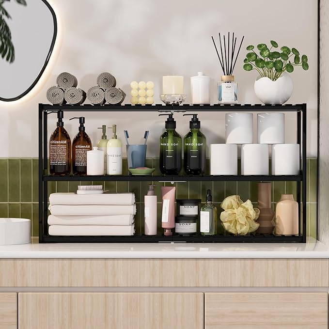 Extra Long Bathroom Organizer Storage Shelves 100% Bamboo Adjustable Height Over The Toilet Storage Floating Shelf for Wall Shower Shelf Can Placed in The Bathroom Kitchen Living Room for Multi Usage