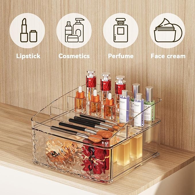 Clear Plastic Countertop Makeup Organizer Compact Rectangular 9-Section Grid with Pull-Out Drawer Dedicated for Brushes, Eyeshadow Palettes & Beauty Supplies