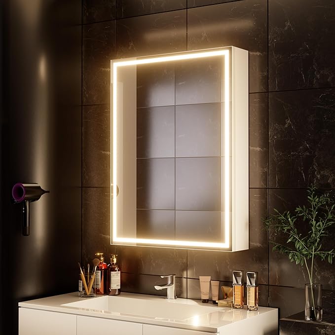 28x20 inch LED Lighted Medicine Cabinet with Mirror, Moisture-Resistant Wood, Stepless Dimmable, 3000K/5500K, Defogger, Adjustable Shelf, Flat-Pack Design – Assembly Required (White)