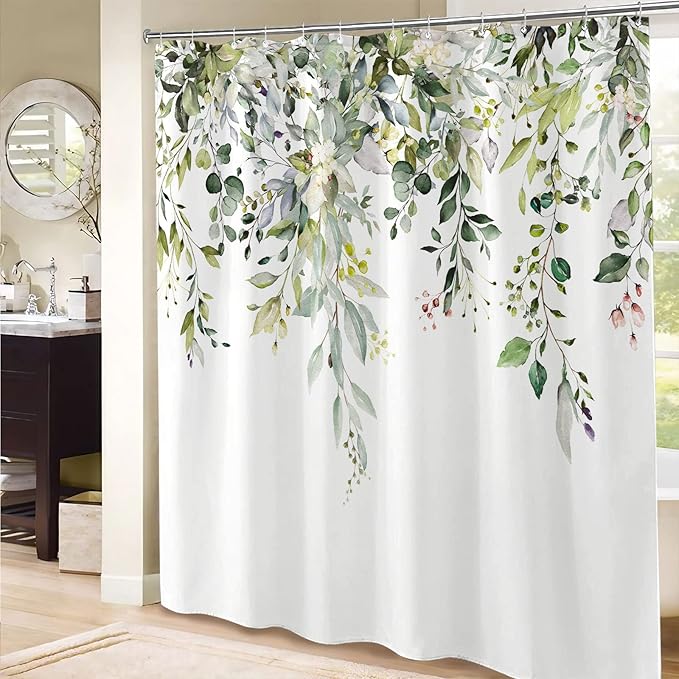 kampdream Green Eucalyptus Plant Shower Curtain, Watercolor Leaves On The Top Shower Curtain, Sage Green Spring Botanical Bathroom Curtain 72 ×78 Inch