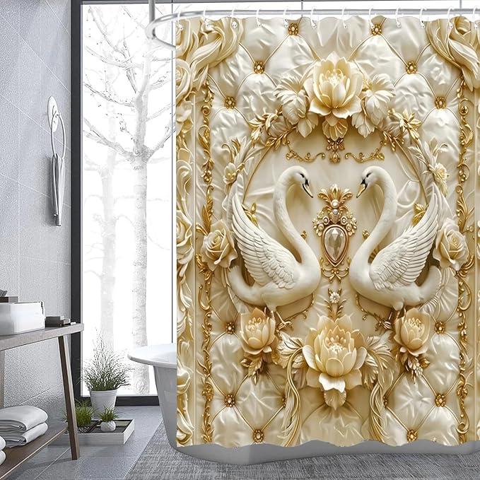 NBVKO 4Pcs Luxury Swan Reliefs Printed Shower Curtain Set with 12 Hooks Non-Slip Rugs,Toilet Lid Cover and Bath Mat, Stylish Bathroom Decor for Hotel & Home Bathroom