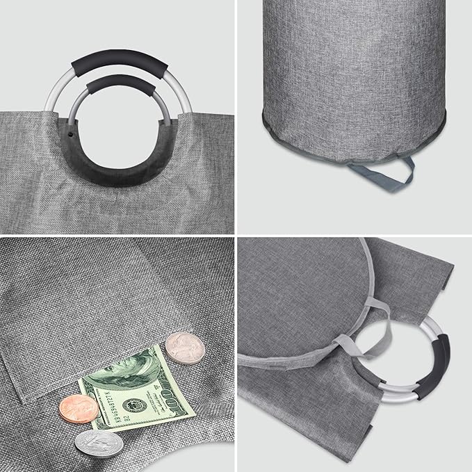 Heavy Duty Large Laundry Hamper Bag Collapsible, Tall Laundry Basket with Sturdy Handles, Fabric Dirty Clothes Bin for Laundry, College Dorm, Boys, Man, Durable Two-Layer - Grey