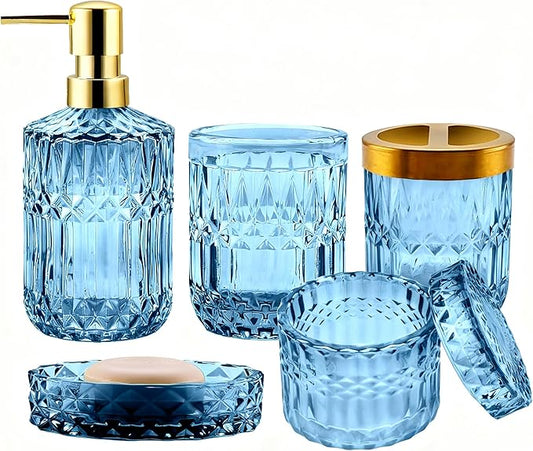 5Pcs Blue Bathroom Accessories Set, Glass Bathroom Accessories, Vintage Bathroom Countertop Decoration Includes Soap Dispenser, Toothbrush Holder, Qtip Holder,Soap Dish and Rinsing Cup