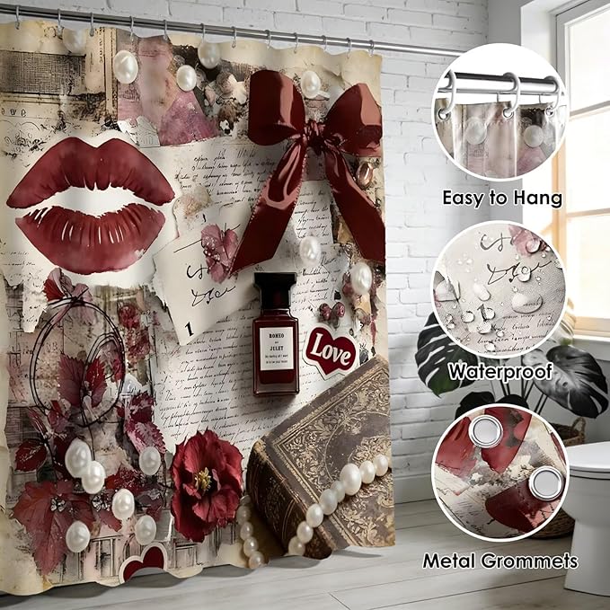 DDQQ 4Pcs Sexy Lip Shower Curtain Set Women Pearl Bow Bathroom Decor Set, Fashion Red Flower Perfume Bathroom Curtains Shower Set with Rugs, Girly Shower Curtain with 12 Hooks
