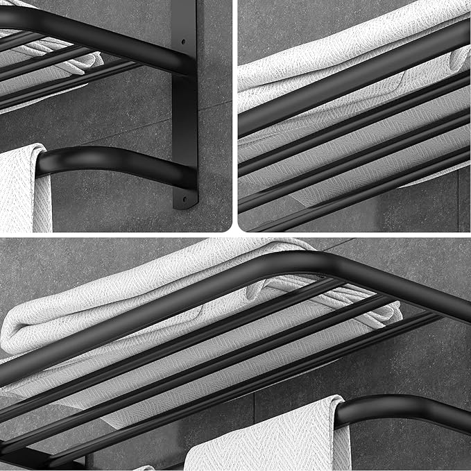 CAXIMSY 22.8Inch Towel Rack for Bathroom and Lavatory Towel Hanger with Wall Mount Towel Bars 304 Stainless Steel No Drill Tower Holder Shelf (3 Layers Black Towel Rack)