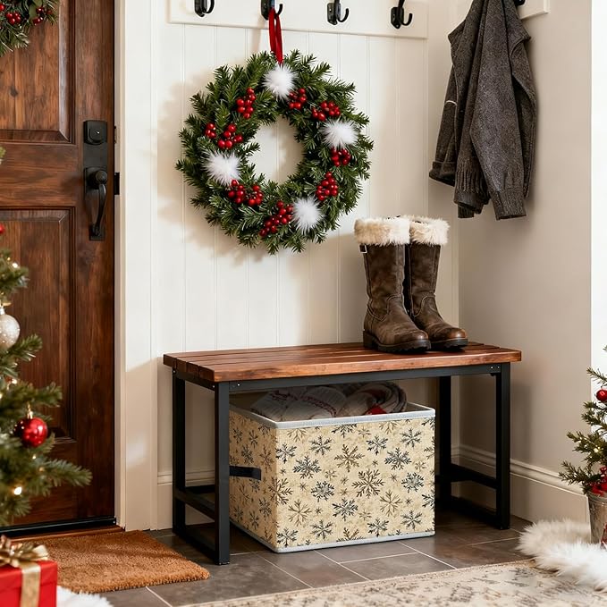 Vintage Winter Snowflake Neutral Christmas Storage Bins, Rustic Holiday Winter Christmas Foldable Closet Organizers Storage Basket Toybox for Clothes Bed Sheets Blankets Toys