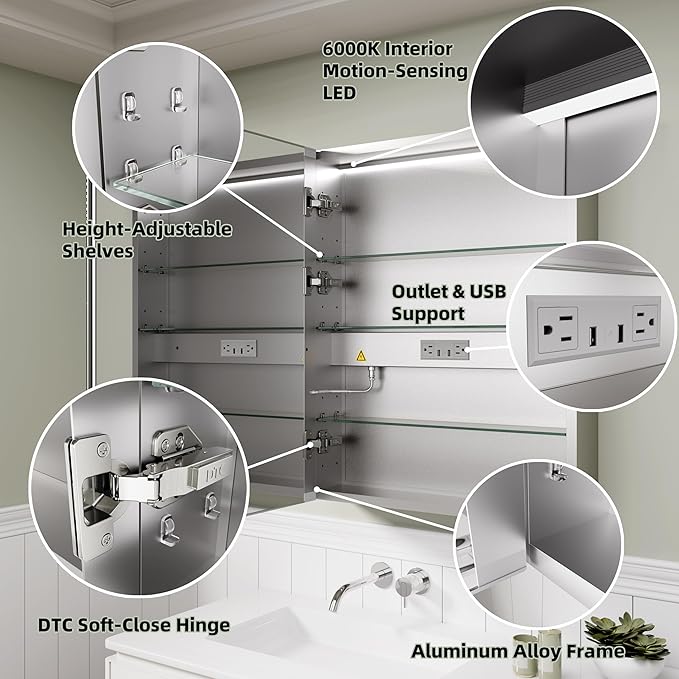 LED Medicine Cabinet Mirror, 24x30 Inch Bathroom Storage, Recessed/Wall Mount, Plug-in/Hardwired, 3 Color Dimmable Light, Anti-Fog, Time Temp Display, Right Hinge