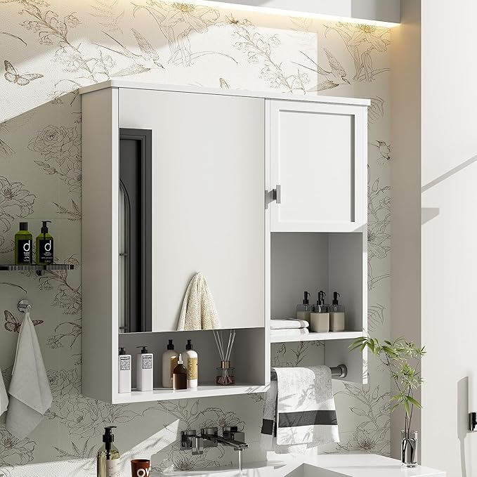 Merax Medicine Cabinet for Bathroom, Wall Mount Bathroom Cabinet with Mirror, Open Shelf, and Towel Bar, 29.5" W x 28.7" H Over The Toilet Mirrored Bath Wall Cabinet