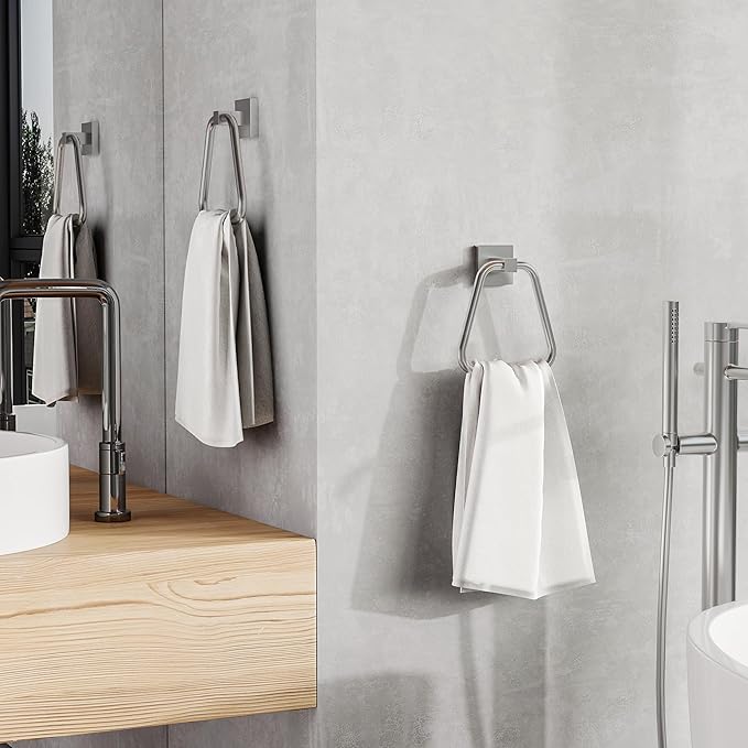 RUACQ Towel Ring, Square Base Hand Towel Ring, Stainless Steel Hand Towel Holder for Bathroom Wall, Sturdy and Rust-Resistant (Brushed Nickel, 2Pack)