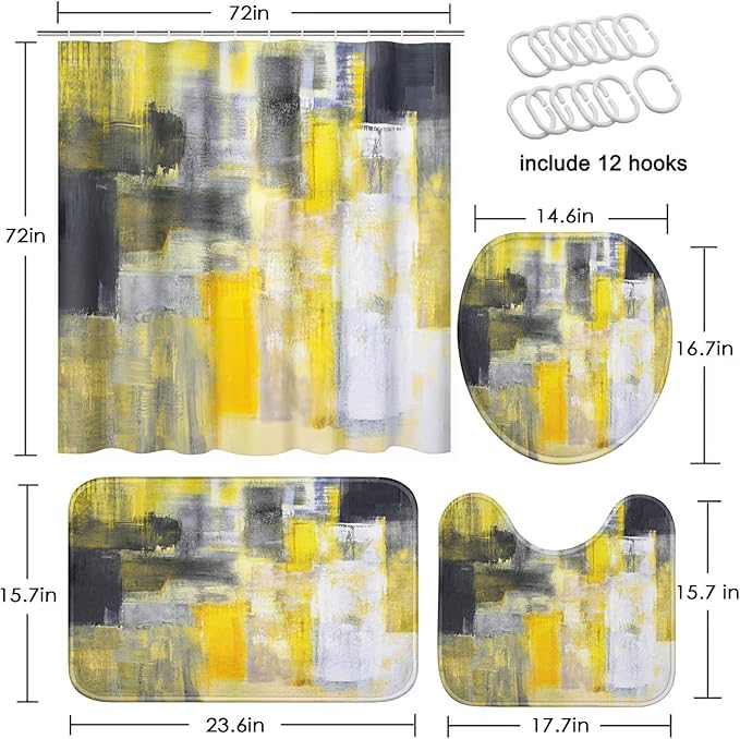 Britimes 4 Piece Shower Curtain Sets with 12 Hooks, Yellow Gray White with Non-Slip Rugs, Toilet Lid Cover and Bath Mat for Bathroom Decor Set 72" x 72"