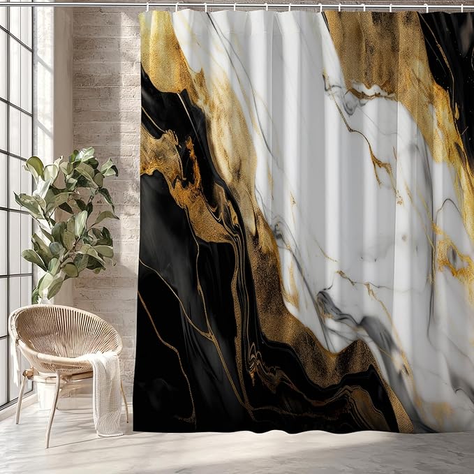 Black Golden Marble Shower Curtain Morden Abstract,Modern Minimalist Simple Neutral Fabric Shower Curtains for Bathroom Decor 72x72 Inch