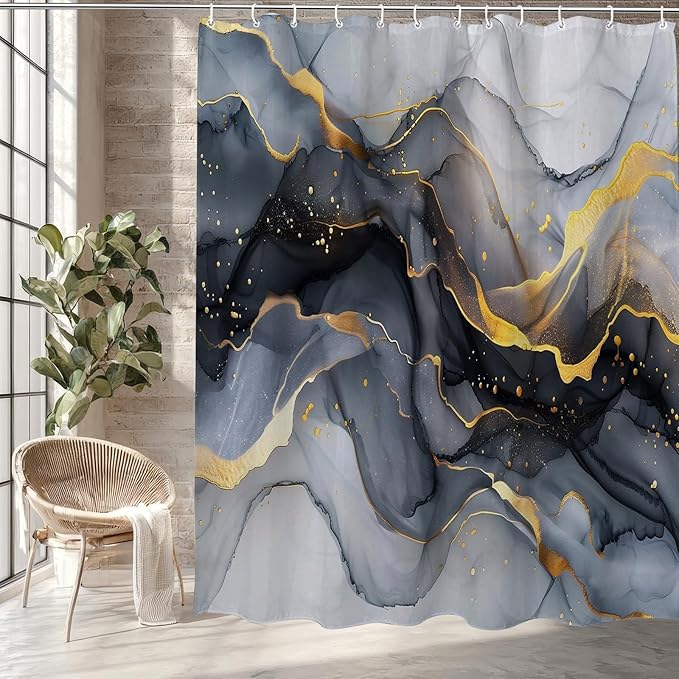 Black Marble Shower Curtain Ink Black Gold Ink Texture Abstract Luxury Watercolor Fabric Shower Curtains for Bathroom Decor 72x72 Inch
