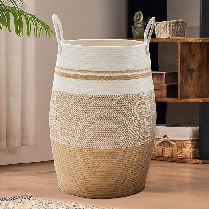Fiona's magic 65L Extra Large Laundry Hamper Basket, Woven Tall Clothes Hamper for Storage Blanket, Toys and Dirty Cothes in Bedroom and Living Room Organizer, Yellow & White