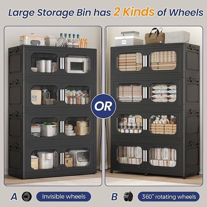250Gal Extra Large Stackable Storage Bins with Lid & Wheels & Doors, 200QT/50GAL 5-Tiers Collapsible Closet Organizers Plastic Containers Drawers Boxes for Home Kitchen Bedroom, Black