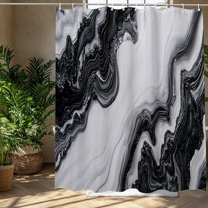 Black White Marble Shower Curtain Abstract Morden,Natural Texture Neutral Fabric Shower Curtains for Bathroom Decor 72x72 Inch