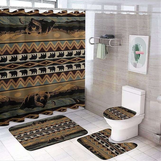 Vintage Farmhouse Bear 4 Piece Shower Curtain Sets, Non-Slip Rugs, Toilet Lid Cover and Bath Mat, Durable and Waterproof, for Bathroom Decor Set One Size