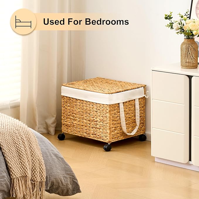 Rolling Laundry Hamper with Lid, Natural Water Hyacinth Basket with Removable Liner, Wheel or Non-Slip Installation Laundry Basket for Home Use (Natural, 60L)