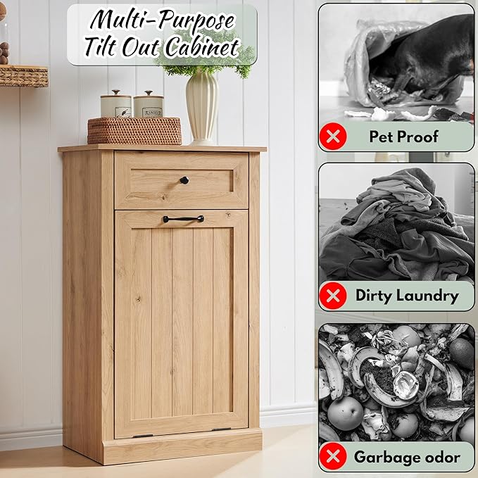 IFBUY Tilt Out Laundry Hamper Cabinet, 10 Gallon Farmhouse Trash Can Cabinet with Drawer, Hidden Wood Garbage Can Bin Cabinets with Laundry Storage Basket for Bathroom, Kitchen, Natural