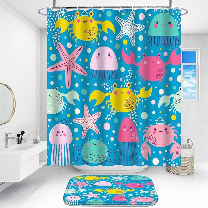 Poedist 4 Pcs Bathroom Shower Curtain Set,Kid's Bathroom Set,Ocean Octopus Shower Curtain Sets with Rugs(Bath Mat,U Shape and Toilet Lid Cover Mat) and 12 Hooks