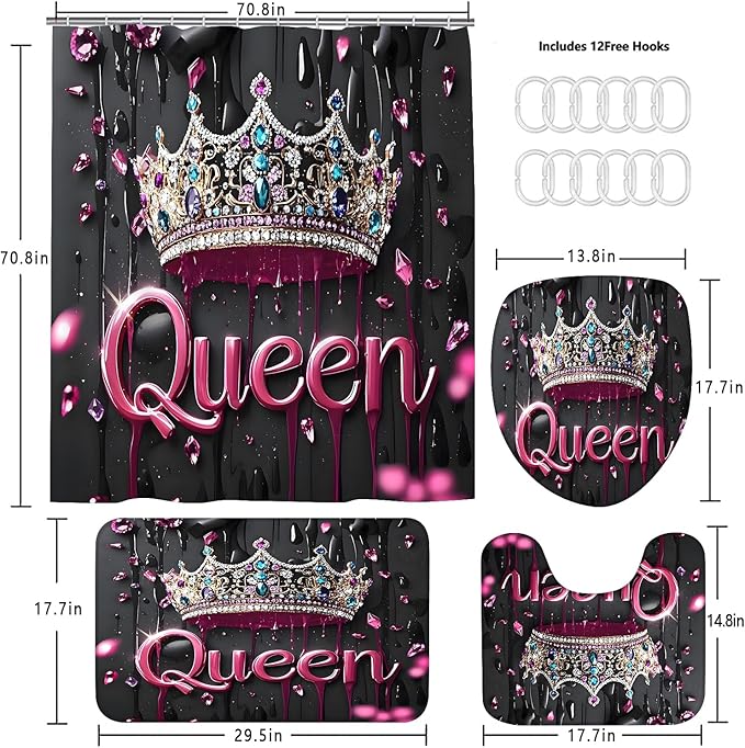 AZHM Pink Crown Print Shower Curtain Set 4 PCS Glitter Crystal Bathroom Decor with Shower Curtain and Rugs