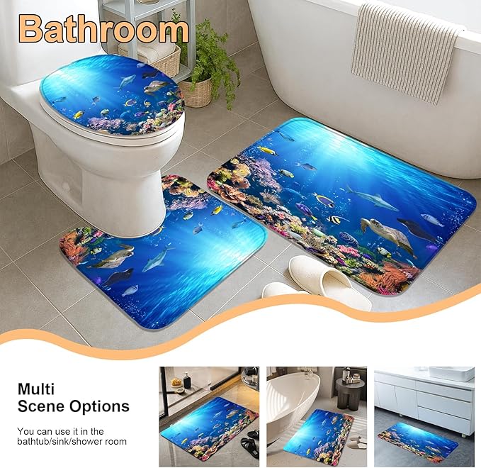 4Pcs Sunlight Sea Fish Bathroom Sets with Rugs, Shark and Turtle Print Machine-Washable Shower Curtain, Bluey Ocean Theme Bath Accessories Sets for Bathroom, Set de baño completo, 12 Pcs Hooks