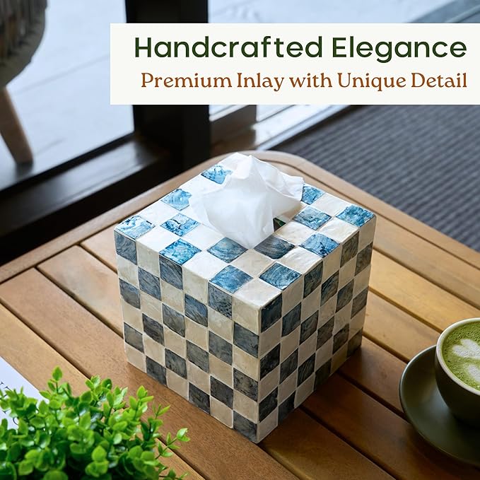 CHI AN HOME 5.7" Square Tissue Box Cover, Handmade Checkered Cube Tissue Box Cover with Capiz Shells, Decorative Tissue Holder for Living Room, Bathroom, Bedroom or Office (Navy Blue)