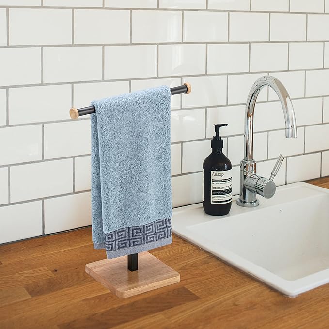 ZCDCP Hand Towel Holder Stand, T-Shape Stainless Steel Towel Rack for Bathroom Countertop with Wood Base, Black Freestanding Hand Towel Holder