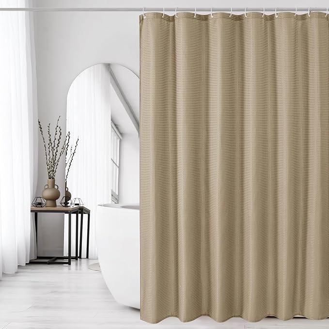 Gibelle Extra Long Shower Curtain 72 x 84, Tall Waffle Weave Textured Fabric Shower Curtain for Bathroom, Water Repellent, Machine Washable, Beige