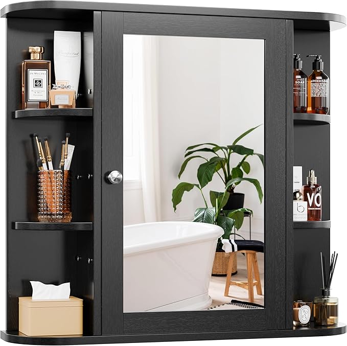 DL-win Bathroom Medicine Cabinet with Mirror, Wall Mounted Home Storage with Door, Over The Toilet Space Saver Storage Cabinet, Bathroom Cabinet Wall Mounted, Black