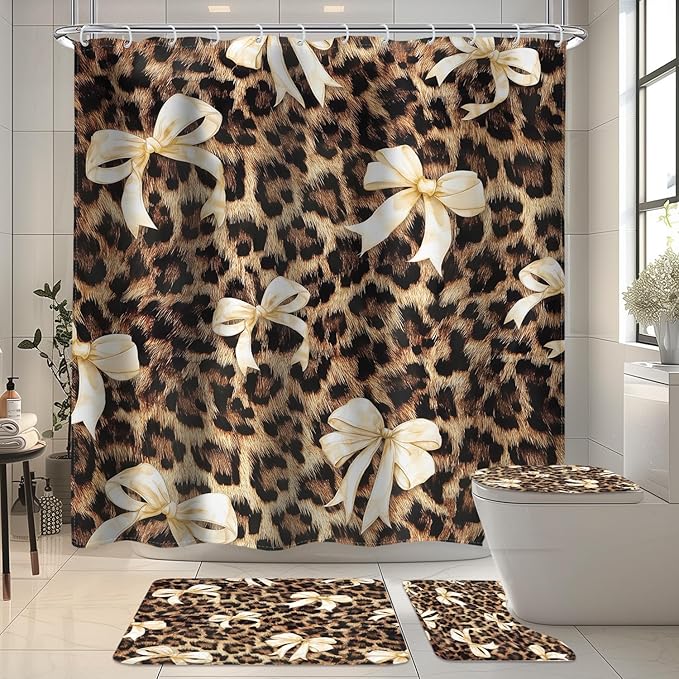 LIGHTINHOME 4 PCS Beige Bow Leopard Print Shower Curtain Set 72Wx72H,Toilet Lid Cover,Non-Slip Rugs and U-Shaped Mat,Vintage Chic Bathroom Sets with Rugs Shower Accessories 12 Hooks for Bathroom Decor