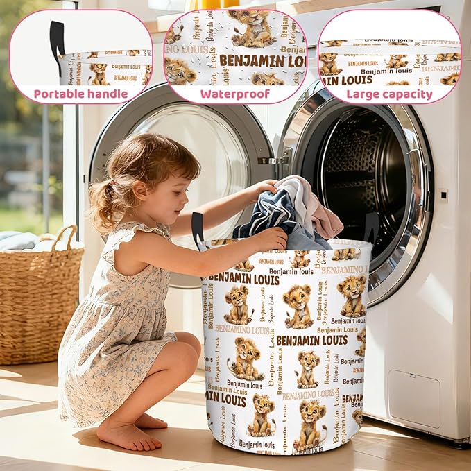 Custom Lion Laundry Baskets, Personalized Lion Gifts with Customized Name, Collapsible Laundry Hamper for Kids Adults Home Decoration,16.5 X 13.8in
