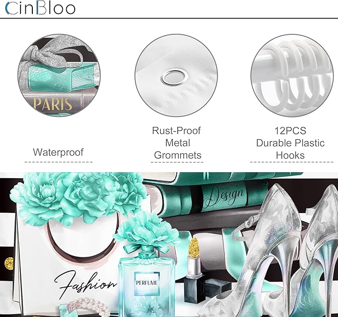 Cinbloo 4Pcs Black and Teal Shower Curtain Set,Modern High Heels Striped Magazine Book Bathroom Curtain with Rug, Toilet Lid Cover, Bath Mat,Floral Flower Perfume Shower Curtain with 12 Hooks