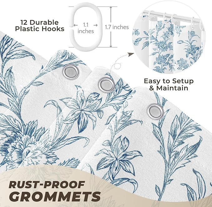 Blue Floral Shower Curtain, Cotton Linen Cottagecore Shower Curtains for Bathroom