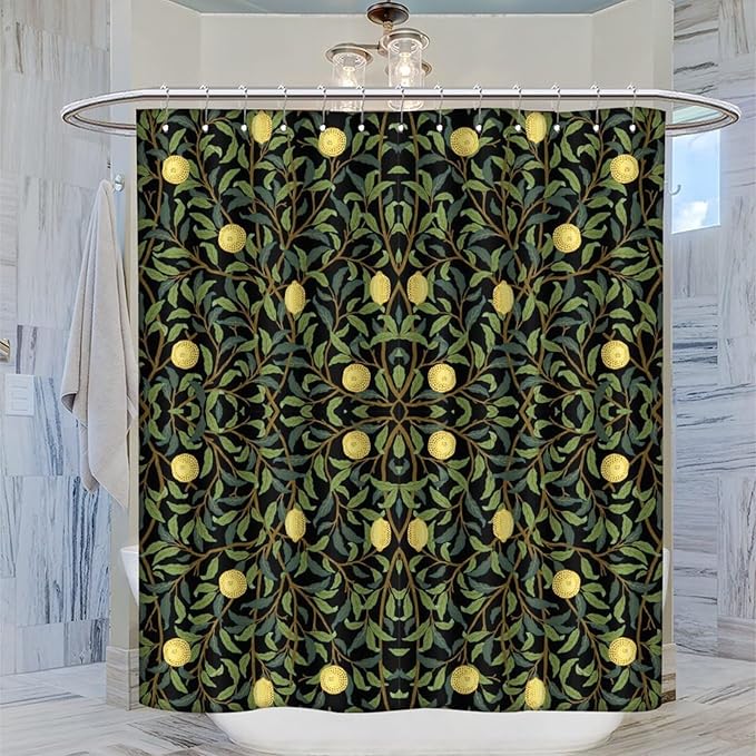 Vintage Botanical Shower Curtain William Morris Designs Green Jungle Fruit Print Shower Curtain Set Polyester Interior Waterproof Shower Curtain with 12 Hooks 66x72 Inches(168x183cm)