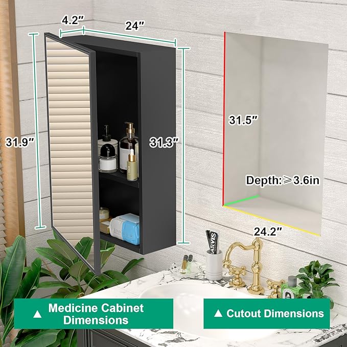 24 x 32 Farmhouse Medicine Cabinet for Bathroom, Black Bathroom Mirror with Storage, Tempered Glass, Frameless Recessed or Wall Mount Aluminum Medicine Cabinet - Pre-Assembled