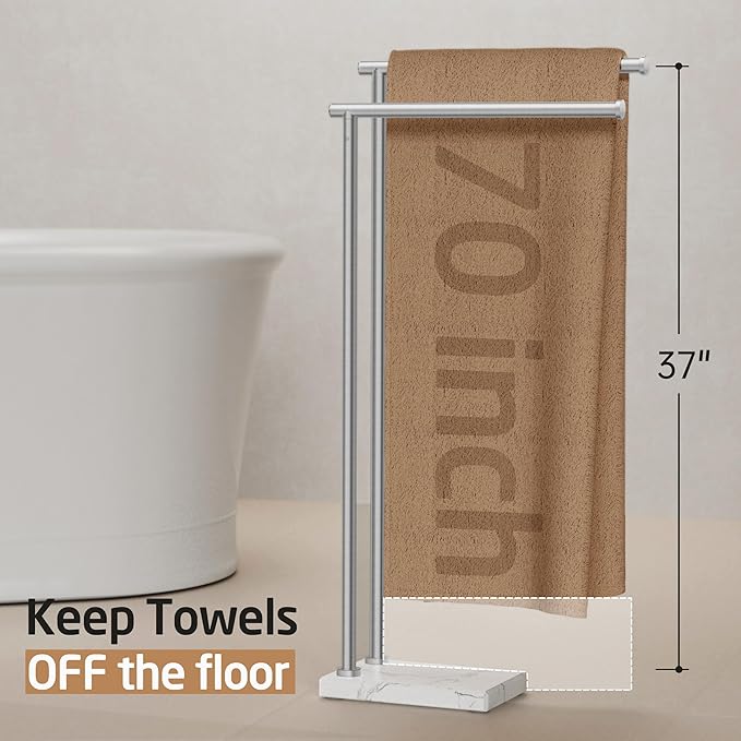 No Wobble Free Standing Towel Racks with 3X Thick Natural Marble Weighted Base, KES 2-Tier Towel Rack Stand for Bathroom Floor, Upgraded Steady Design, 18/8 Stainless Steel, Brushed Finish, BTH235A-2