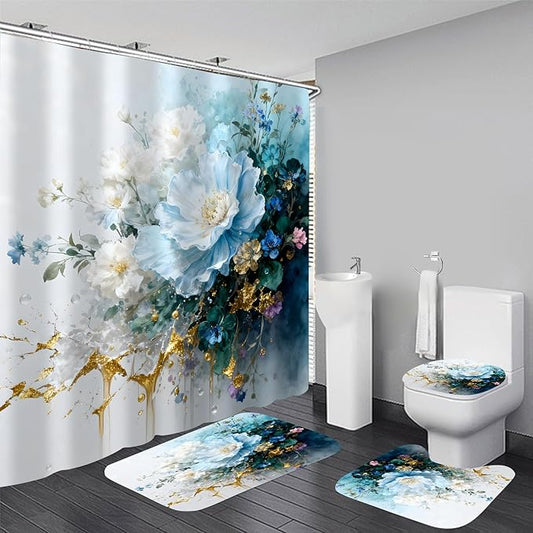 AZHM Watercolor Floral Shower Curtain Set 4PCS Blue and White Delicate Floral Farmhouse Bathroom Accessories Set, Includes Rugs and 12 Hooks
