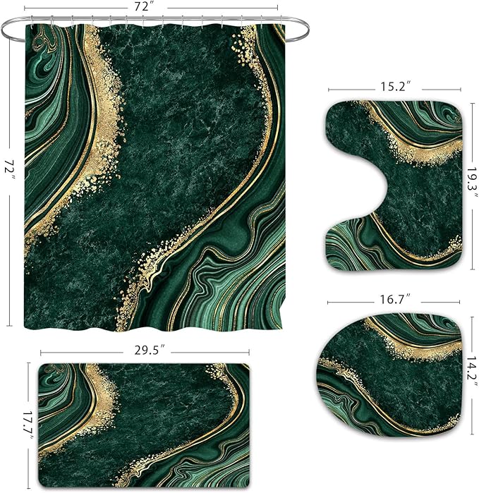 Gibelle 4 Pcs Luxury Marble Shower Curtain Set with Non-Slip Rugs, Toilet Lid Cover and Bath Mat, Gold Foil Emerald Green Bathroom Decor Set with Shower Curtain and Rugs and Accessories